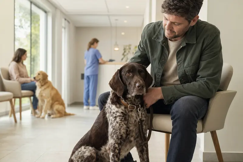 Ein Friesischer Vorstehhund sitzt ruhig neben seinem Besitzer im hellen Wartezimmer einer modernen Tierarztpraxis.